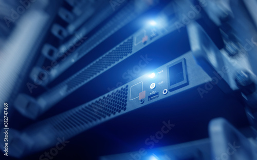 Supercomputer concept. Telecommunication server rack. Technology Background.