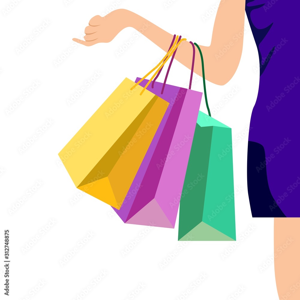Happy woman shopping. Flat illustration
