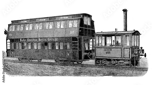 Photography Omnibus tram with steam locomotive engine on the Berlin Gruenau line