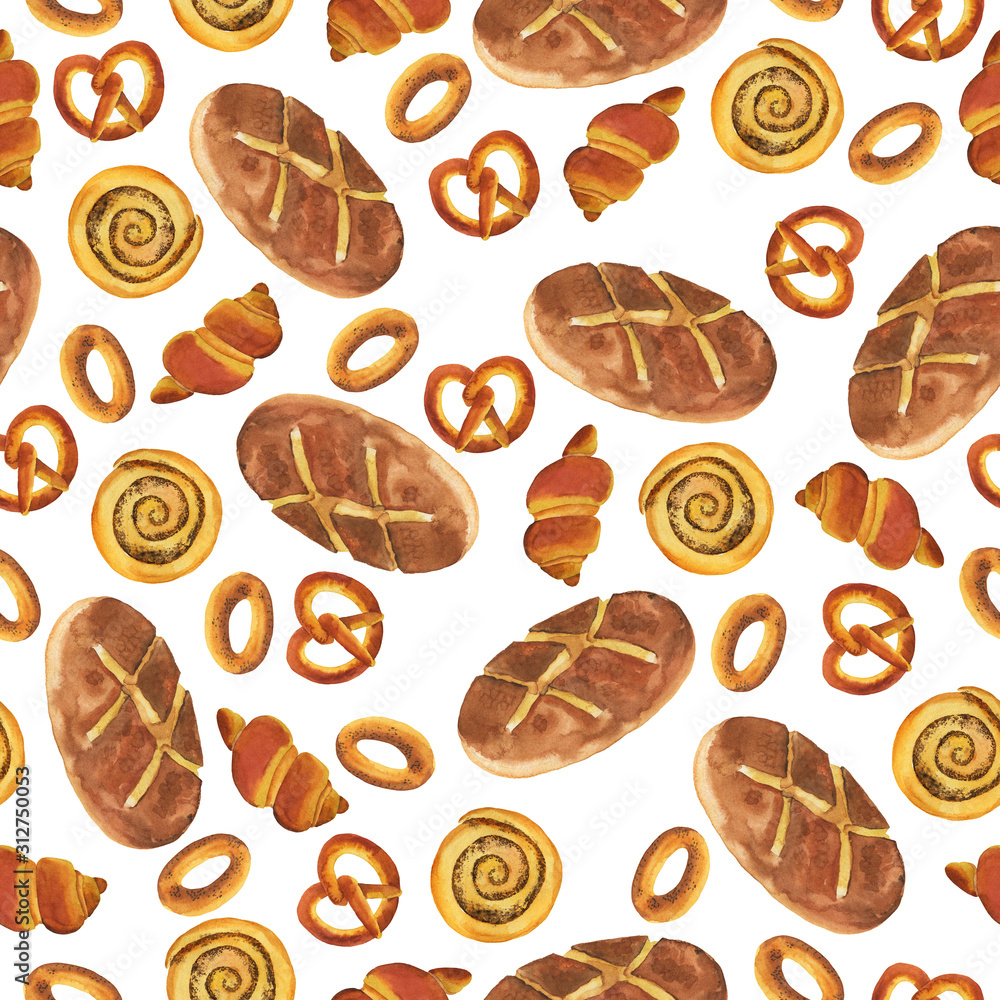 Seamless pattern with bread, cinnamon rolls, pretzels and bagels on white background. Hand drawn watercolor illustration. Seamless pattern with bread, cinnamon rolls, pretzels and bagels on white background. Hand drawn watercolor illustration.