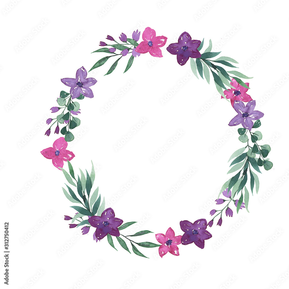 Cartoon pink, purple and violet flowers and green leaves round frame isolated on white background. Hand drawn watercolor illustration.