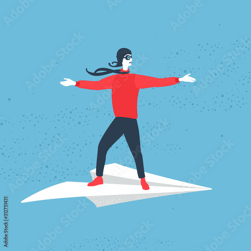Illustration Vector Man Flying On Paper Airplane