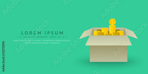 Cardboard box full of coins. Money as fundraising, donation or charity concept. Vector illustration in flat design with copy space.