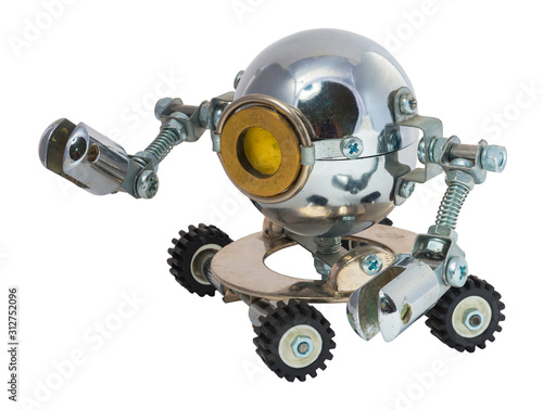 Robot isolated on white. Chrome and steel parts.