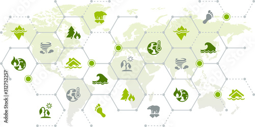 Climate change / global warming consequences – world map icon concept: drought, sea level rise, heat, flood, storm - vector illustration