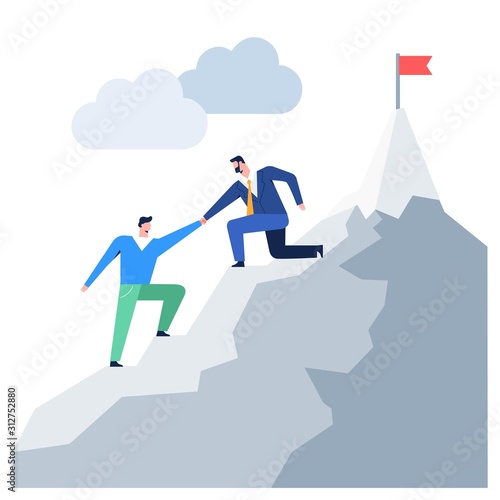 Business people climbing to mountain leader helping colleague reaching goal vector graphic. Cartoon male enjoying leadership and teamwork flat design illustration isolated on white