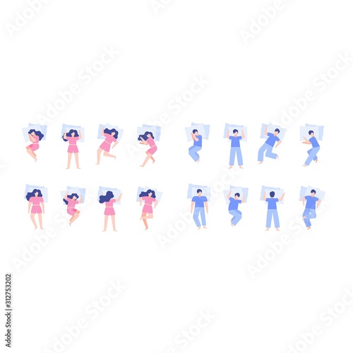Set of cartoon man and woman in pajamas sleeping in different poses top view vector flat illustration. Many views of people sleep front side rear lie on tummy isolated on white background