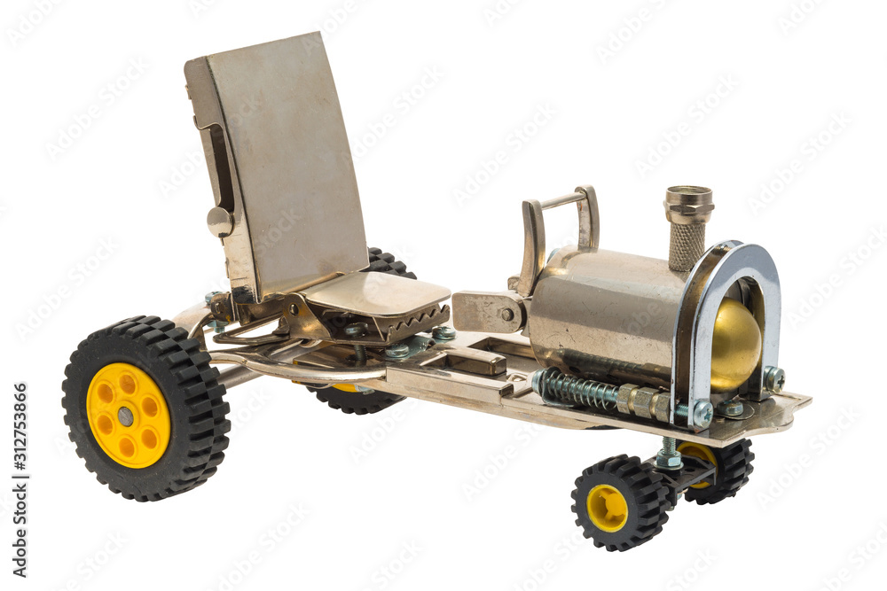Retro steampunk car. Cyberpunk style. Chrome and bronze parts. Isolated on white background. Retro steampunk car. Cyberpunk style. Chrome and bronze parts. Isolated on white background.