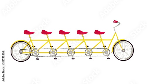 Tandem bicycle icon flat graphic vector illustration isolated on white background. Retro yellow quintuple bike with red seat wheel transport for teamwork cartoon design