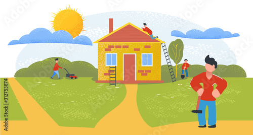 Fototapeta Naklejka Na Ścianę i Meble -  Man renovated his house. Man put his house and his plot in order. Man is pleased with result of work. Be proud of your work. Vector stock illustration. Flat characters. Cartoon.