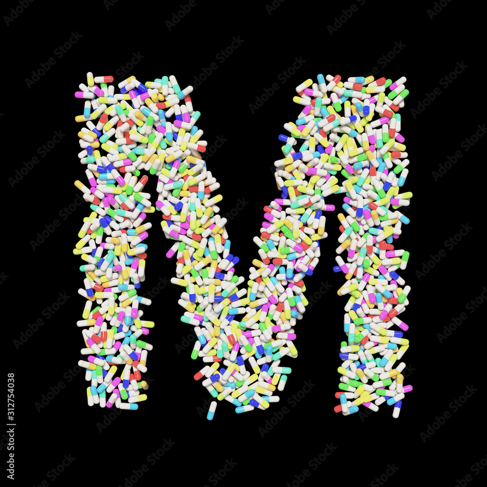 Colorful Capsule Pill Font Letter M 3D Rendered on Black Colorful Capsule Pill Font Letter M 3D Rendered on Black