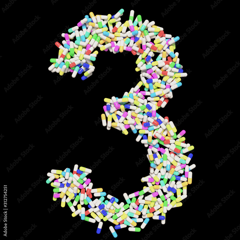 Colorful Capsule Pill Font Number 3 3D Rendered on Black