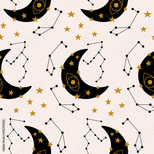 moon, celestial elements and golden stars in a seamless pattern design