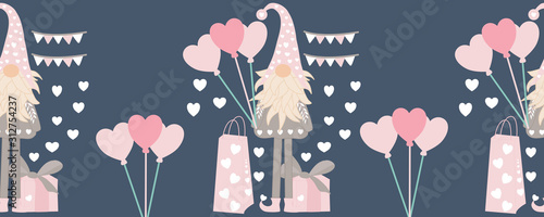 horizontal seamless border with valentine gnomes, heart balloons and gifts