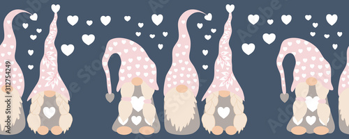 horizontal border with valentine gnomes and hearts