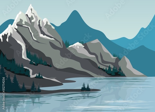 Beautiful high mountain landscape exciting view graphic design. Great nature scenery cliff covered by trees surrounded by clear lake water vector flat illustration