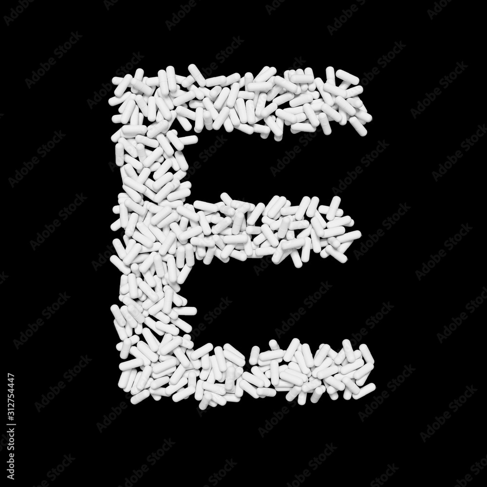 White Capsule Pill Font Letter E 3D Rendered on Black