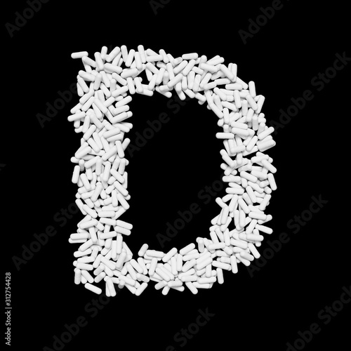 White Capsule Pill Font Letter D 3D Rendered on Black