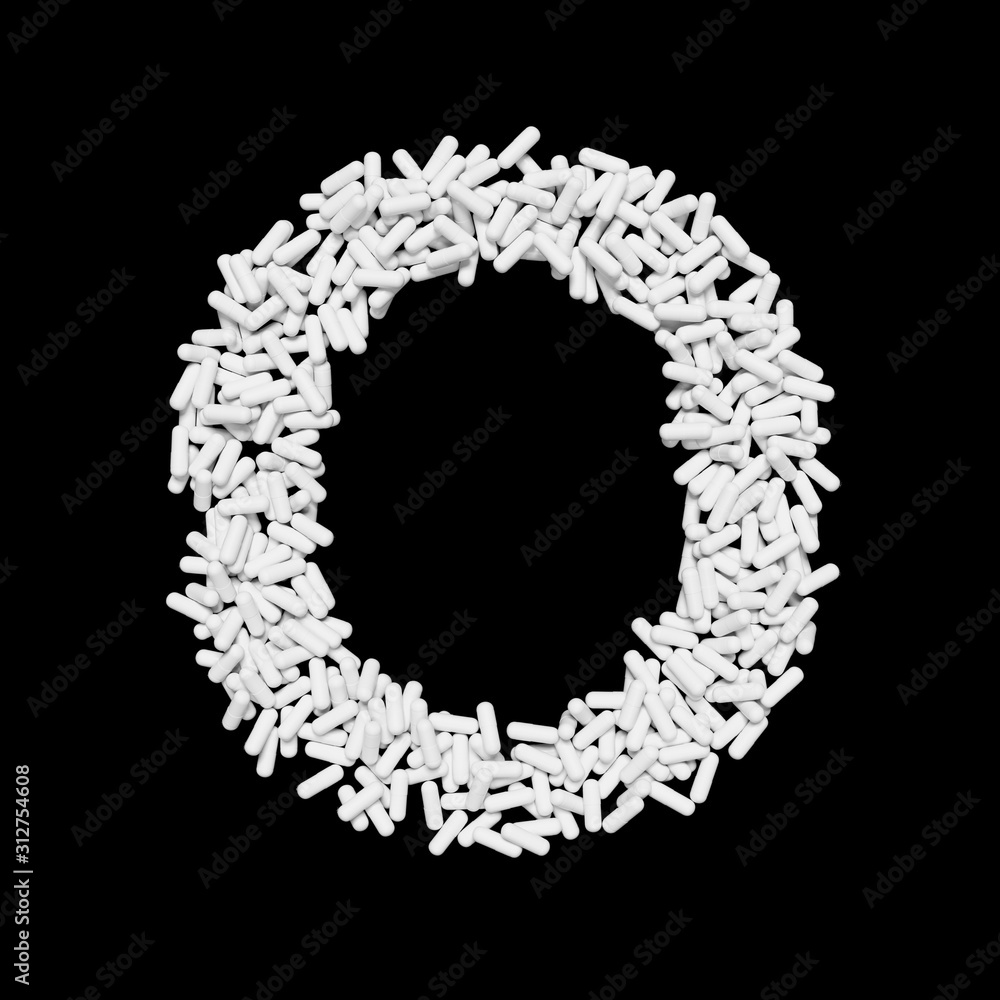 White Capsule Pill Font Letter O 3D Rendered on Black