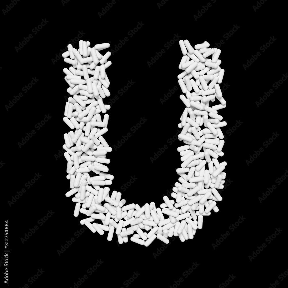 White Capsule Pill Font Letter U 3D Rendered on Black White Capsule Pill Font Letter U 3D Rendered on Black