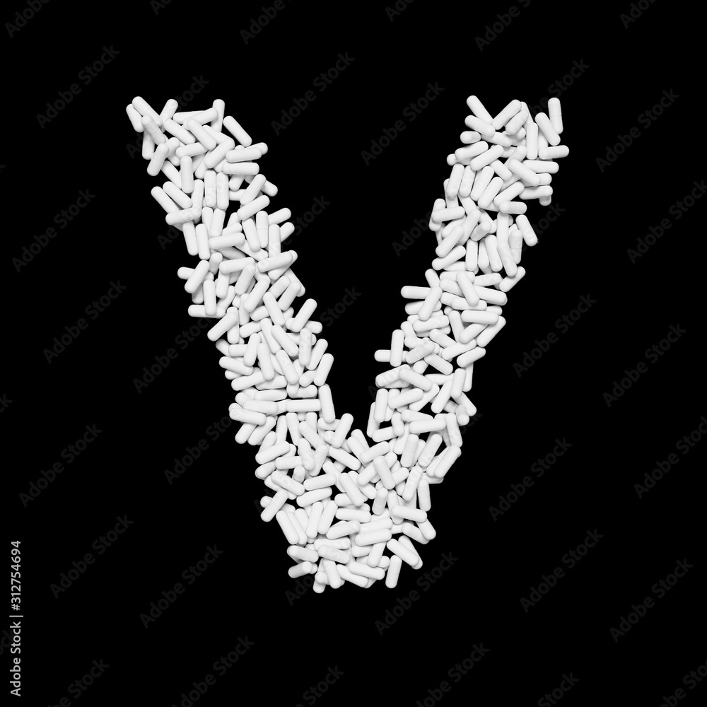 White Capsule Pill Font Letter V 3D Rendered on Black White Capsule Pill Font Letter V 3D Rendered on Black