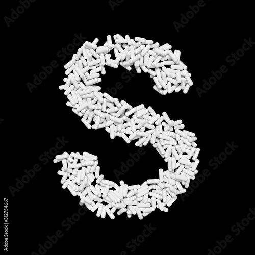 White Capsule Pill Font Letter S 3D Rendered on Black