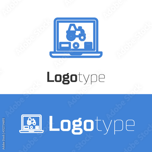 Blue line Laptop application for control a autonomous tractor on a smart farm icon isolated on white background. Smart agriculture implement. Logo design template element. Vector Illustration