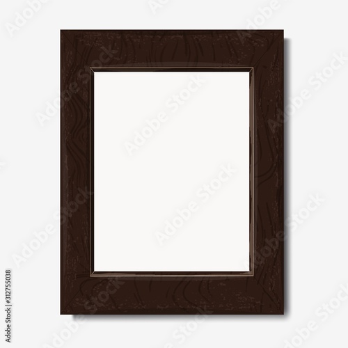 Dark brown wood textured 3d frame vector graphic illustration. Wooden empty decorative border realistic framework design front view isolated on white background