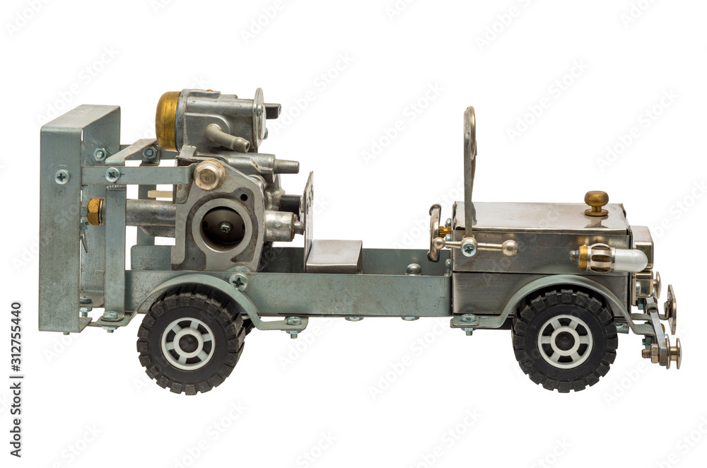 Retro steampunk car. Cyberpunk style. Chrome and bronze parts. Isolated on white background. Retro steampunk car. Cyberpunk style. Chrome and bronze parts. Isolated on white background.