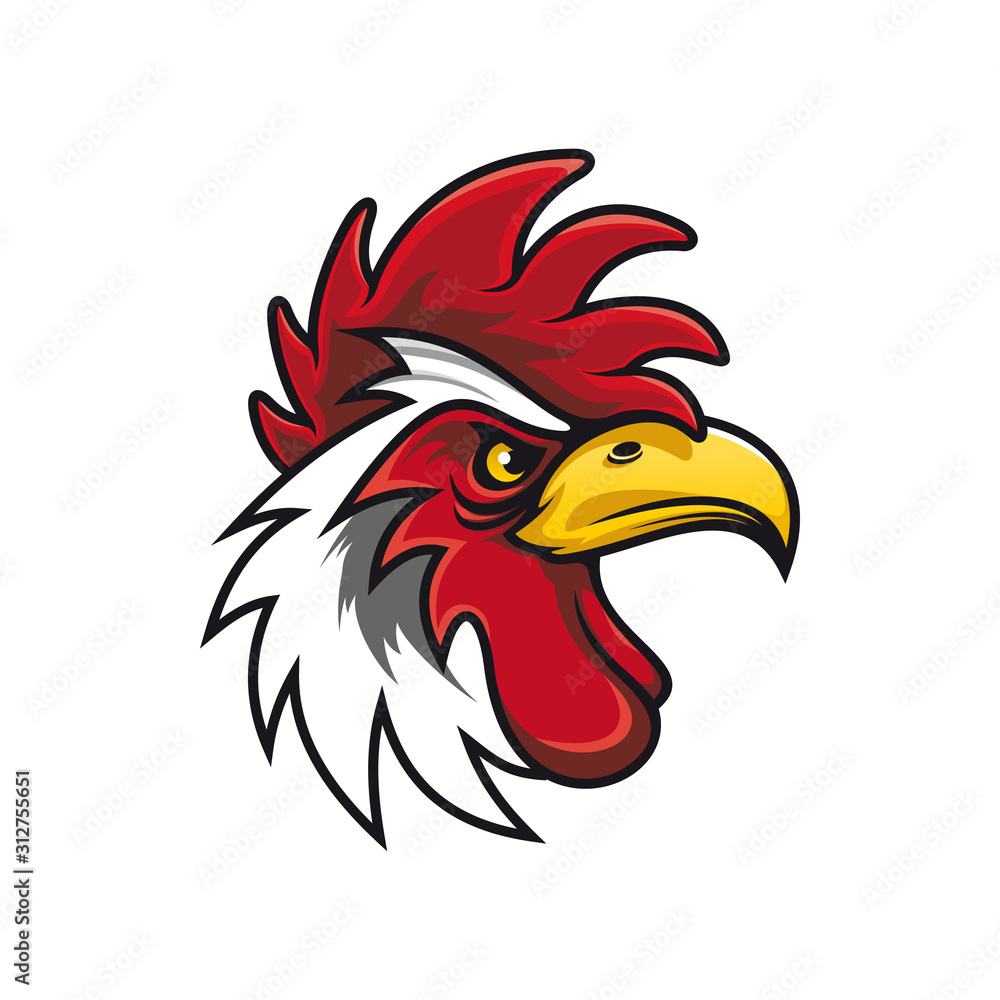 White cock head isolated mascot bird. Vector rooster, chicken mascot, fighting gamecock White cock head isolated mascot bird. Vector rooster, chicken mascot, fighting gamecock