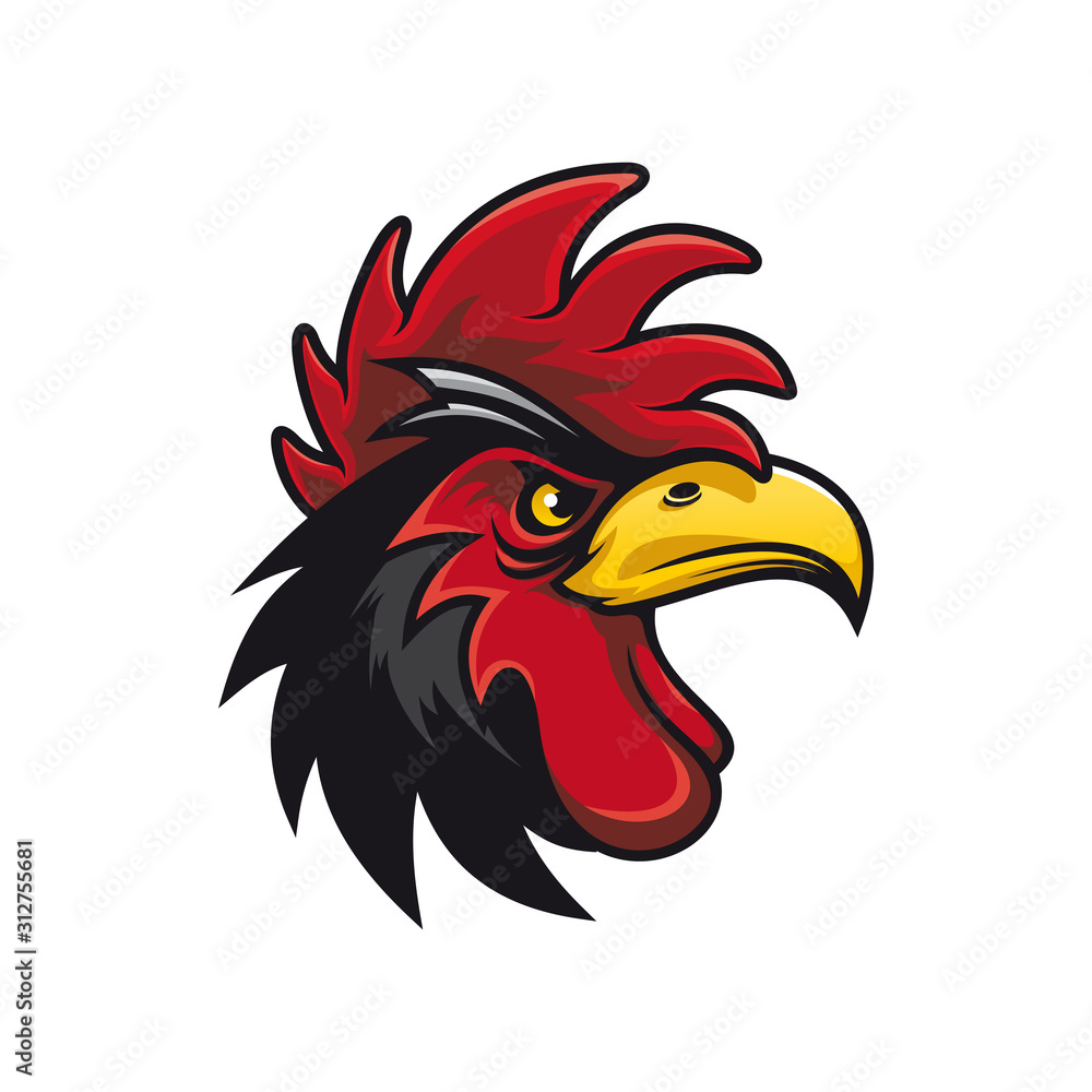 Angry gamecock profile view isolated head of cock. Vector domestic bird with cockscomb, black rooster Angry gamecock profile view isolated head of cock. Vector domestic bird with cockscomb, black rooster