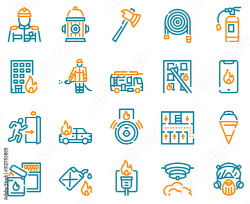 Firefighting red linear vector icons set