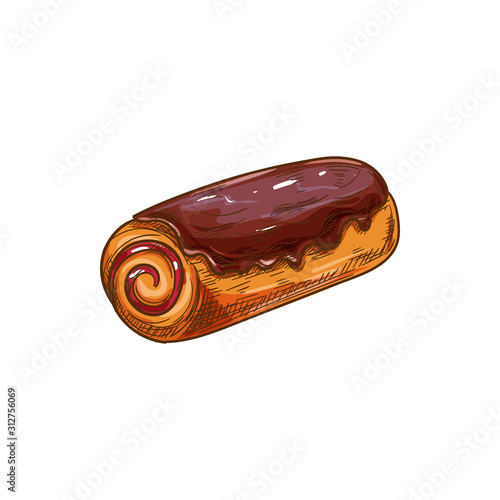 Roll with strawberry jam and chocolate cream sketch vector. Pastry food or confectionery isolated