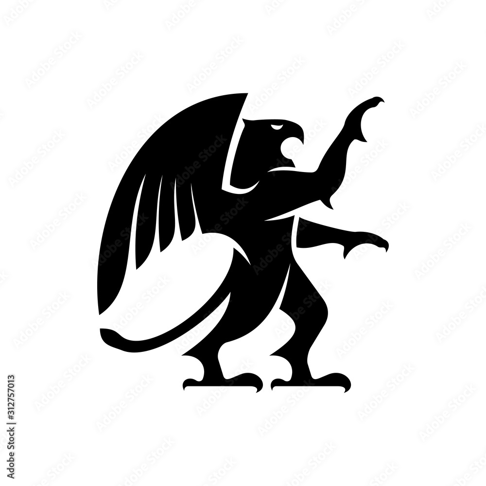 Griffin or griffon winged ancient beast isolated silhouette. Vector monster, falcon and lion