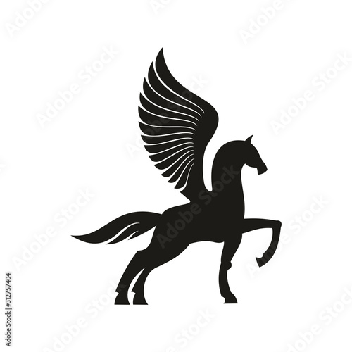 Winged horse silhouette isolated pegasus silhouette. Vector unicorn heraldic symbol, mythical animal