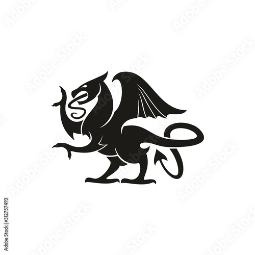 Black dragon isolated heraldic animal silhouette. Vector creature with eagle wings, legs and lion tail