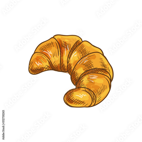 Buttery croissant continental breakfast food isolated sketch. French crescent roll, bun pastry bread