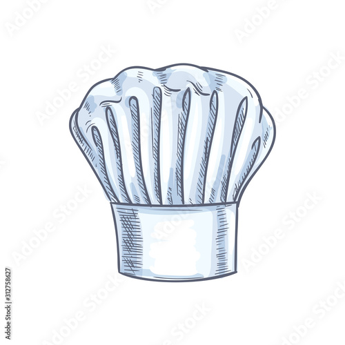 White chef cook hat isolated hand drawn sketch. Vector baker or cooker cap, kitchener headdress