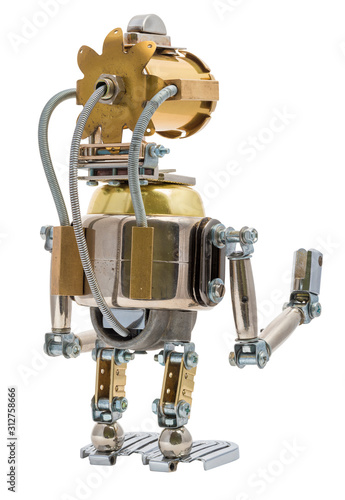 Steampunk robot. Cyberpunk style. Chrome and bronze parts.