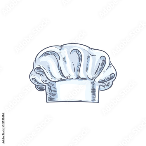 White chef cook hat isolated hand drawn sketch. Vector baker or cooker cap, kitchener headdress