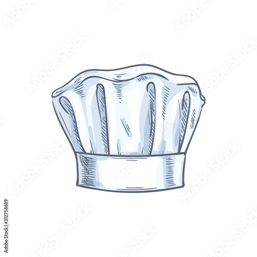 White chef cook hat isolated hand drawn sketch. Vector baker or cooker cap, kitchener headdress