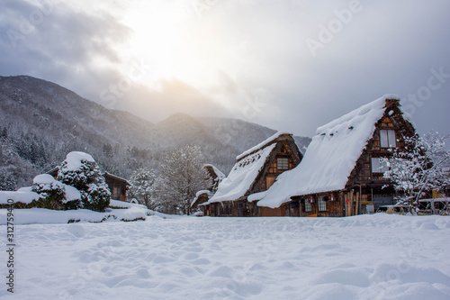 Shirakawago, world heritage village with snowfall in Japan.