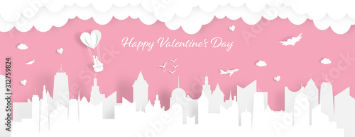 Happy valentines day with happy couple on balloon in the sky in cityscape. Town. 14 february. - Vector Illustration paper art.
