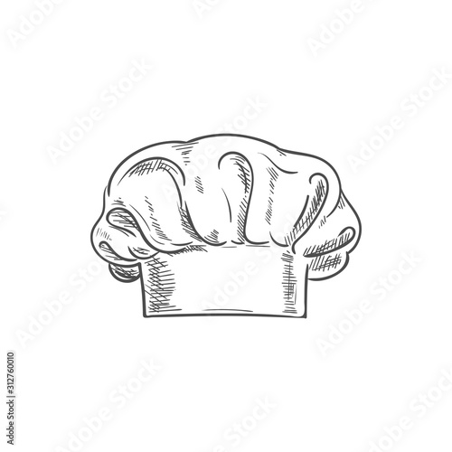 White chef cook hat isolated hand drawn sketch. Vector baker or cooker cap, kitchener headdress