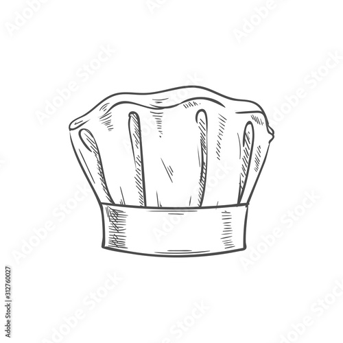 White chef cook hat isolated hand drawn sketch. Vector baker or cooker cap, kitchener headdress