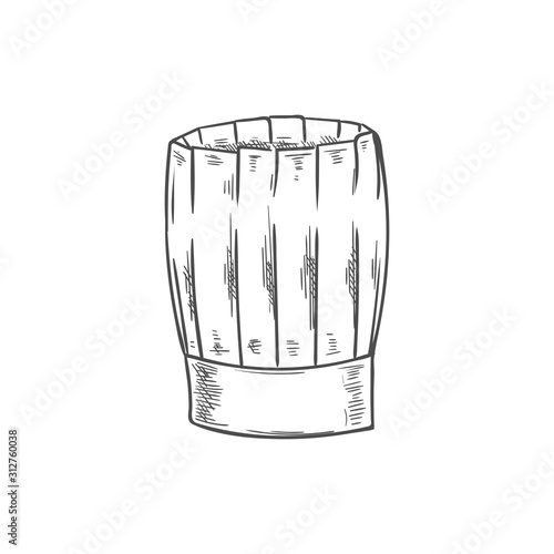 White chef cook hat isolated hand drawn sketch. Vector baker or cooker cap, kitchener headdress