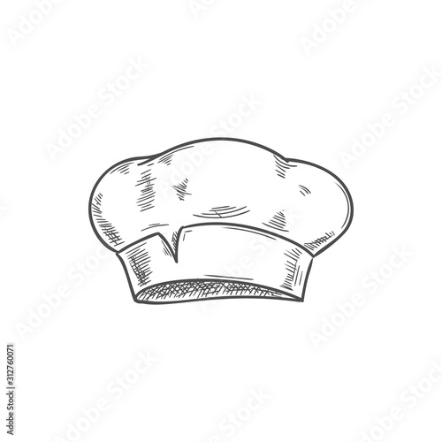 White chef cook hat isolated hand drawn sketch. Vector baker or cooker cap, kitchener headdress