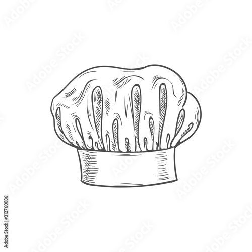White chef cook hat isolated hand drawn sketch. Vector baker or cooker cap, kitchener headdress