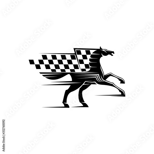 Horse race icon with checkered flag and stallion. Vector running mustang, equestrian sport mascot