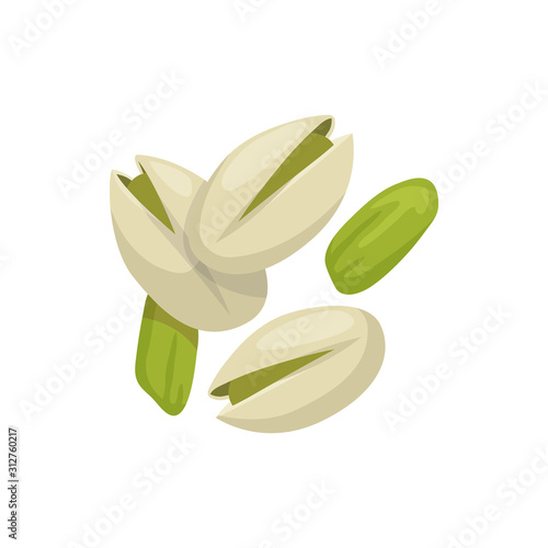 Pistachio nuts peeled and in shell isolated food snack. Vector vegetarian natural roasted pistache